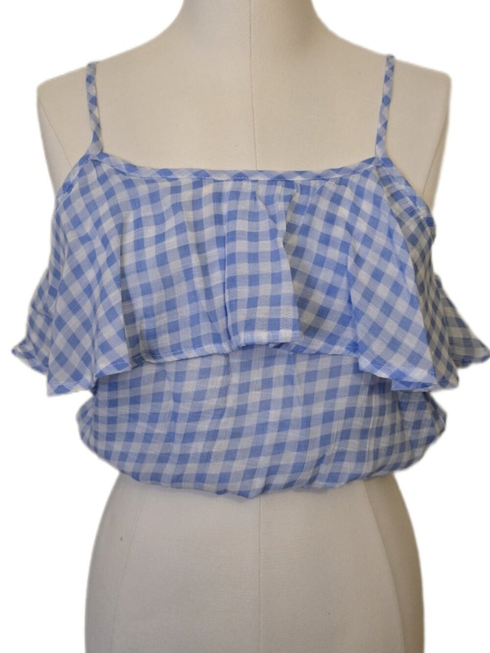 Blue White Gingham Ruffle Crop Top Cottagecore Coquette Picnic Cami Preppy Chic